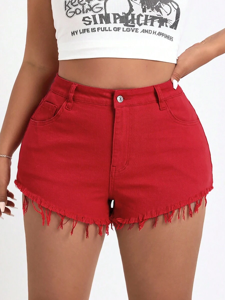 SHEIN EZwear Plus Size Red Stretch Denim Shorts With Fringe Hem - Red - View 1
