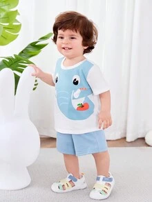 SHEIN 男嬰女嬰卡通大象圖案圓領短袖上衣和純色短褲套裝 - 彩色 - 查看 7