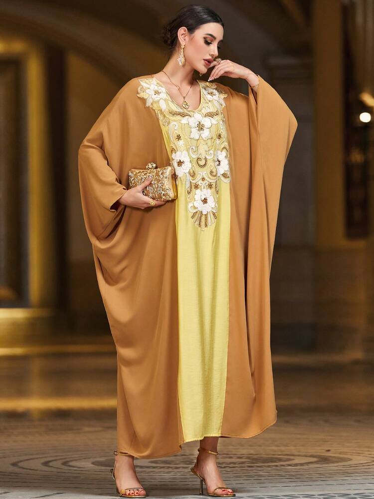 Color Blocked Heavy Duty Embroidered Robe Kaftan, Elegant Luxury Evening Party Style