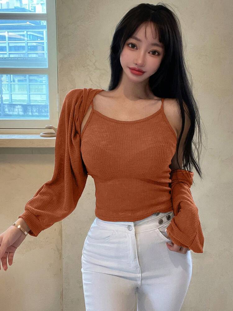 2pcs/Set Women's Solid Ribbed Cami Tank Top And Cropped Cardigan With Open Front