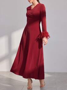 Modelyn Burgundy Red Women's Feather Patchwork Fur Cuff Arabic Style Dress,Elegant Evening Party Dress Long Evening Dresses - Burgundy - View 6