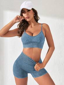 Easithlete 无缝高弹力运动套装 女士健身套装 女士健身套装 - 藍色 - 查看 4