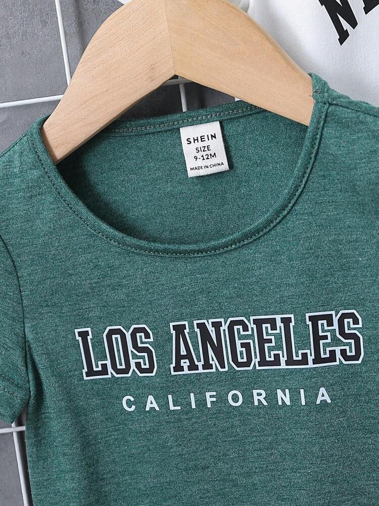 3pcs Baby Girl Casual Letter Print Round Neck Short Sleeve T-Shirt Set