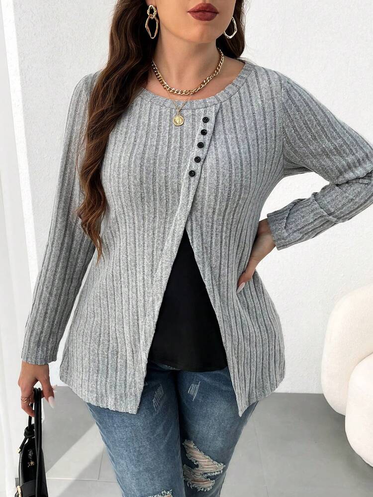 Plus Size Black Gray Patchwork Long Sleeve T-Shirt With Ribbed Hem