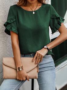 SHEIN Clasi Solid Ruffle Trim Petal Sleeve Blouse - Dark Green - View 4