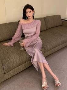 DAZY 女士荷叶边喇叭袖时尚长连衣裙，荷叶边下摆，生日、新年、舞会礼服，秋季长袖连衣裙，婚纱，优雅女士连衣裙