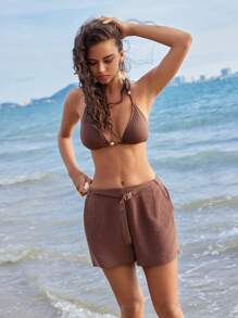 SHEIN Holidaya Short en lin ample de style vacances pour femmes, texture de plage, couleur marron, Anewsta