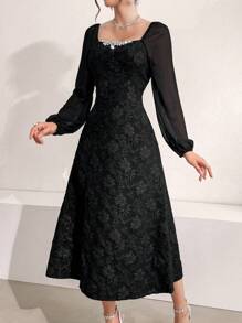 Modelyn 花卉提花方领灯笼袖连衣裙，优雅晚会长裙 - 黑色 - 查看 3