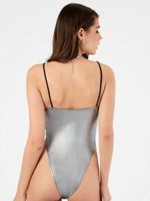 Forever 21 Women's Metallic Texture Fabric Spaghetti Strap Bodysuit - Black - View 2