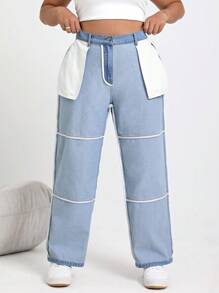 SHEIN EZwear 大碼兩面可穿著牛仔褲,帶口袋 - 中等水洗藍 - 查看 3