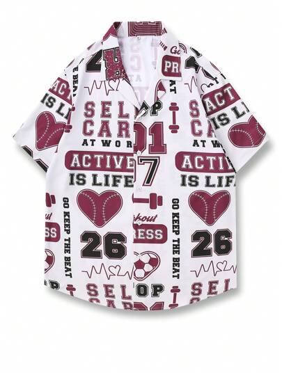 GraceKreations Camisa de manga corta con cuello de traje y estampado de eslogan para hombres artistas, apta para uso diario, primavera y verano, vacaciones, festivales, Ibiza