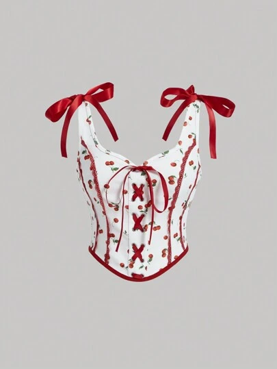 SHEIN MOD 女士櫻桃印花紅色對比蕾絲修邊背心上衣,配紅色絲帶肩帶