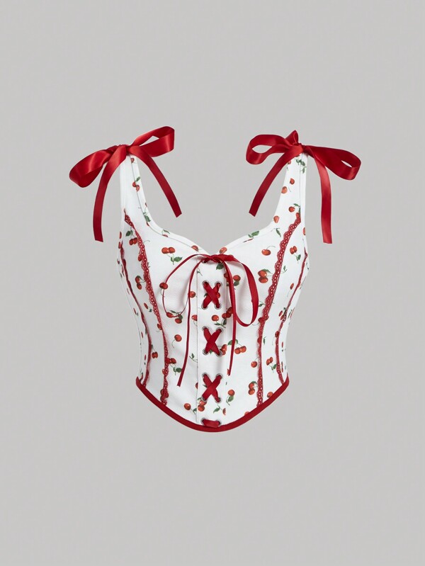 SHEIN MOD Women's Cherry Printed Contrast Red Lace Trimmed Cami Top With Red Silk Ribbon Straps