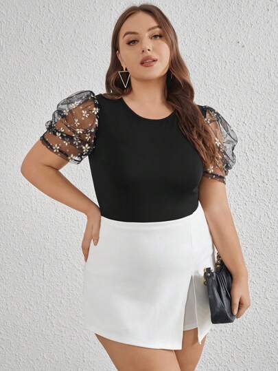 SHEIN Privé Camiseta De Malla Floral De Manga Abullonada Para Mujer De Talla Grande Con Cuello Redondo, Negra, Ajustada, Adecuada Para Uso Diario Y Citas