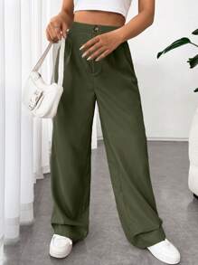 SHEIN EZwear Solid Color Pleated Straight Leg Pants - Army Green - View 5