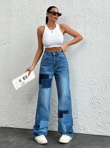 EURMUSE Patch Detailed Washed Jeans - Blue - View 5