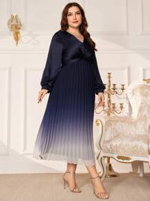 Modelyn Plus Size V-Neck Long Sleeve Ombre Color Pleated Hem Dress - Navy Blue - View 3