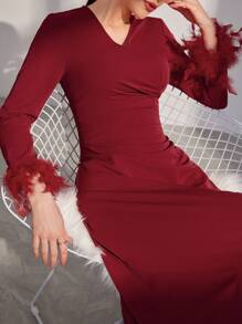 Modelyn Burgundy Red Women's Feather Patchwork Fur Cuff Arabic Style Dress,Elegant Evening Party Dress Long Evening Dresses - Burgundy - View 8