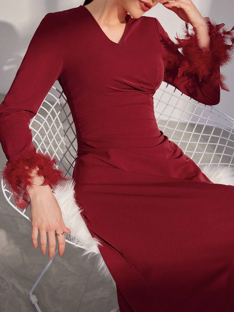 Burgundy Red Women's Feather Patchwork Fur Cuff Arabic Style Dress,Elegant Evening Party Dress Long Evening Dresses