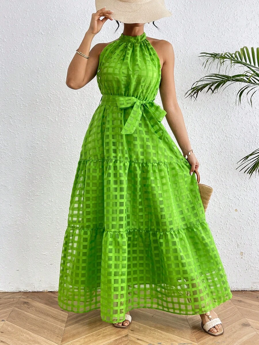 Breezaya Vestido Largo Sin Mangas De Un Solo Color Con Cuello Alto - Verde - Ver 1