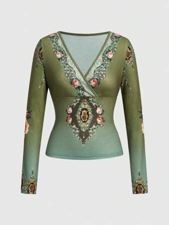 Fairycore T-shirt À Manches Longues Coupe Ajustée Col En V Imprimé Fleuri Pour Femme