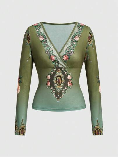 Fairycore T-shirt À Manches Longues Coupe Ajustée Col En V Imprimé Fleuri Pour Femme