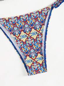 SHEIN Swim Retro All Over Print V-Neck Bikini Set With Ruffle Trim Summer - Multicolor - View 7