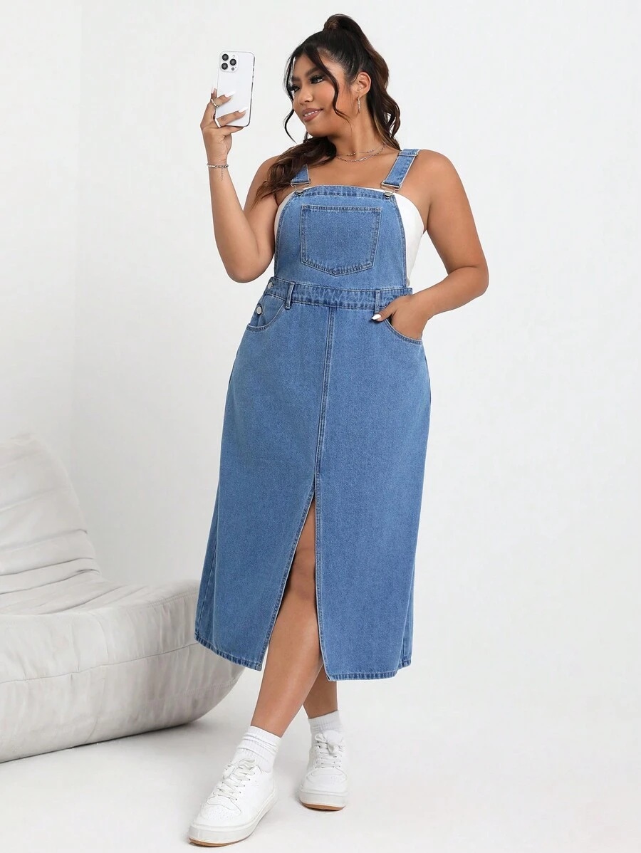 SHEIN EZwear 1 Pieza De Sobrecarga De Mezclilla De Talla Grande Con Corte Lateral Y Bolsillos Inclinados - Azul lavado medio - Ver 1
