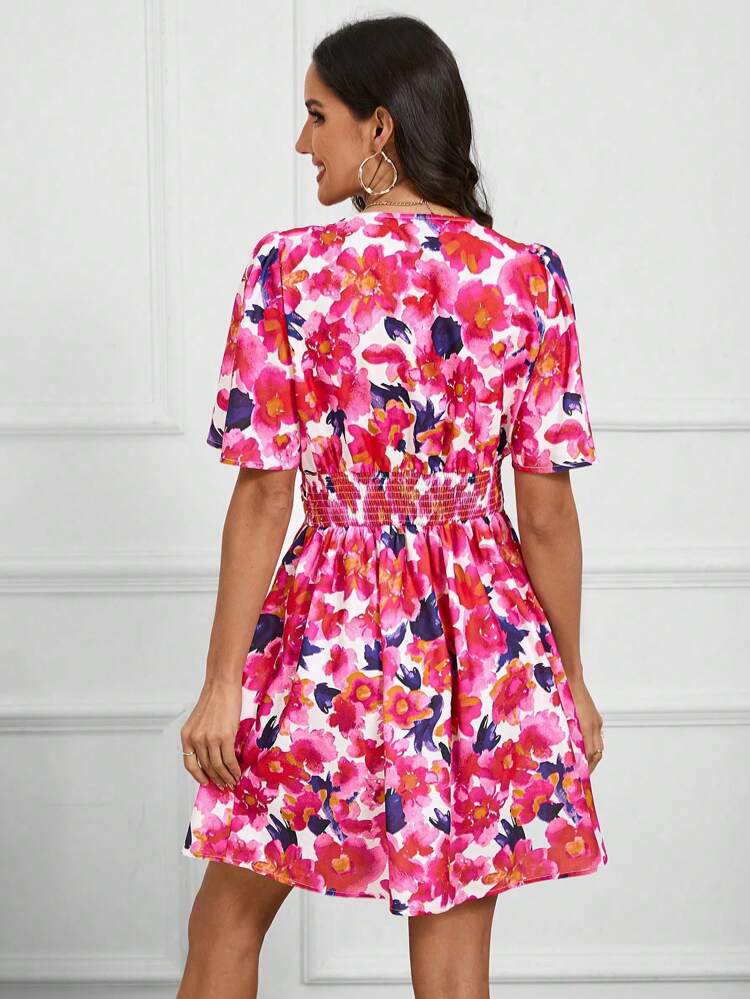 Women's Short Sleeve Floral Print Waist-Cinching Dress Coral Dress