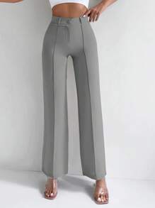 SHEIN SculptFit High Waist Seam Detail Straight Leg Trousers - Grey - View 1