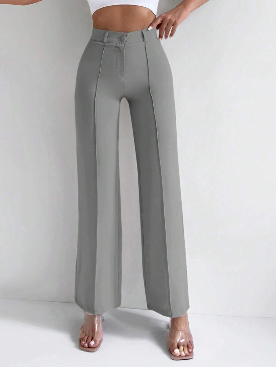 SHEIN SculptFit High Waist Seam Detail Straight Leg Trousers - Grey - View 1