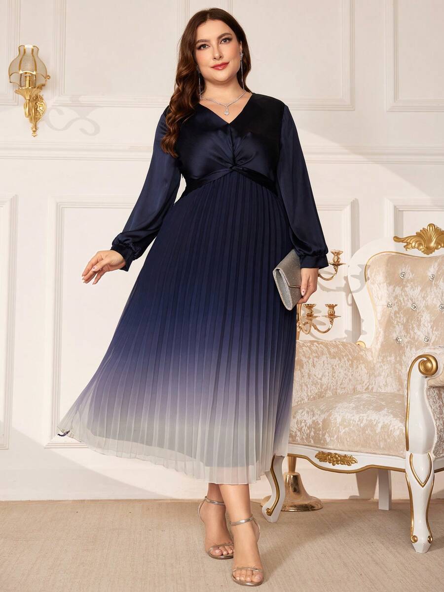 Modelyn Plus Size V-Neck Long Sleeve Ombre Color Pleated Hem Dress - Navy Blue - View 1