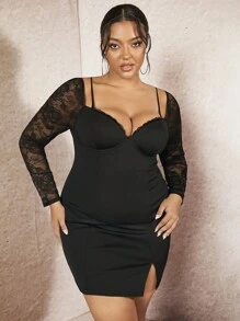 SHEIN BAE Vestido De Talla Grande Con Escote En Corazón, Panel De Encaje Y Dobladillo Dividido - Negro - Ver 3