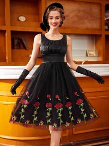 SHEIN DECDS 复古优雅情人节春夏网眼撞色连衣裙，带褶皱胸围和伞形设计派对女士连衣裙舞会礼服复古服装黑色连衣裙 - 黑色 - 查看 1