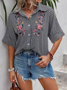 SHEIN LUNE Áo sơ mi nữ Nút phía trước Thêu Hoa Sọc Giải trí - Đen và trắng - Xem 3