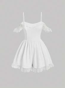 SHEIN MOD 花卉鑲邊露肩蕾絲拼接白色連身衣 - 白色 - 查看 1