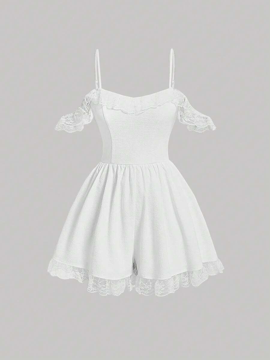 SHEIN MOD 花卉鑲邊露肩蕾絲拼接白色連身衣 - 白色 - 查看 1