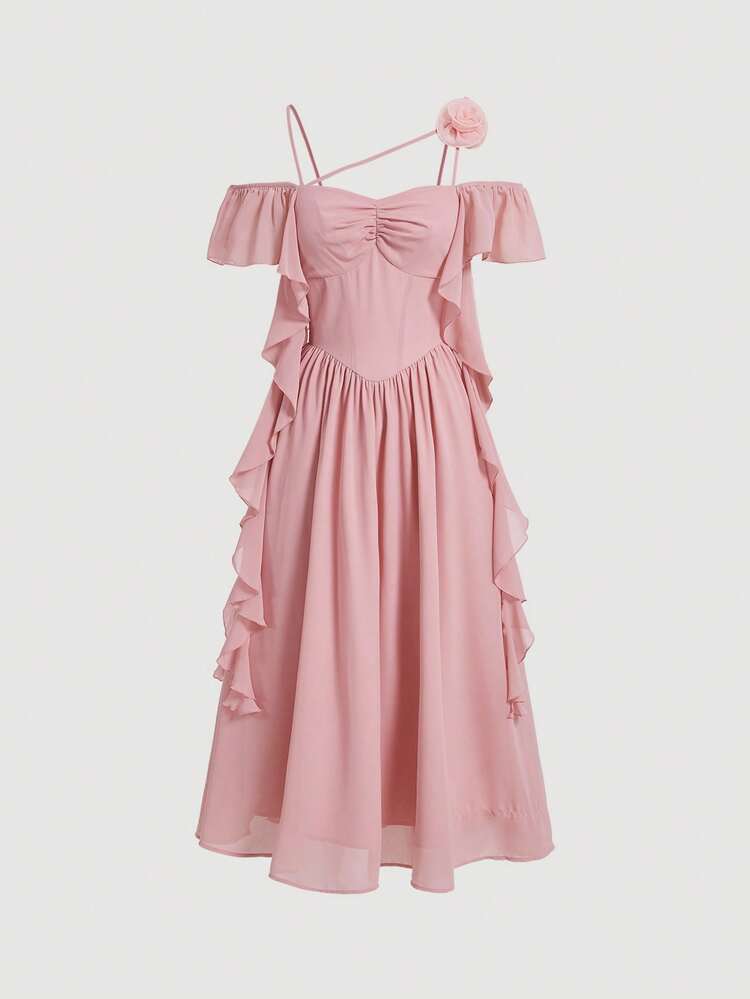 Flutter Sleeve 3d Flower Coral Pink Women's Dress