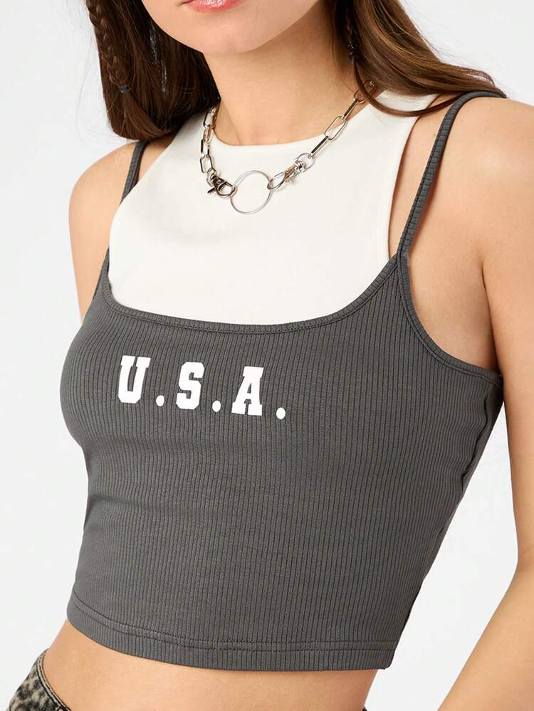 Contrast Color Splicing Letter Printed Slim Fit 2 In 1 Tank Top