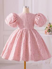 SHEIN فستان فتيات مراهقات بطبعة الورود وياقة دائرية وأكمام منتفخة وزينة عقدة