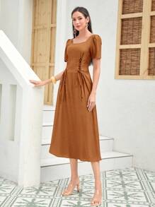 Mulvari Của phụ nữ Ngắn tay Đầm Với Eo Buộc - màu nâu - Xem 3