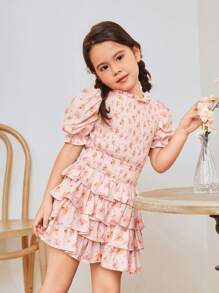 SHEIN Young Girl Casual Puff Sleeve Top With Stand Collar, 2pcs/Set - Pink - View 6