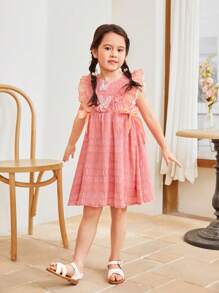 SHEIN Robe Ample À Col Rond Décontracté Pour Jeunes Filles Avec Ourlet À Volants Et Décoration Papillon 3d - Rose saumon - Voir 3