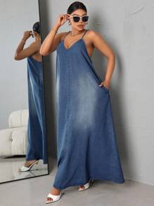SHEIN SXY Kích thước lớn Của phụ nữ Lỏng lẻo Đầm denim Với Dây đai - Rửa tối - Xem 3