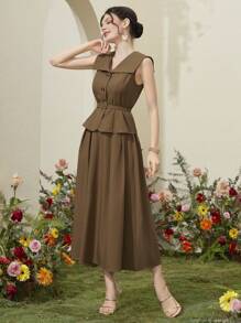 Modelyn 女士优雅两件套，包含一件前扣无袖上衣和一条飘逸的裙子 2 件套 - 卡其色 - 查看 6