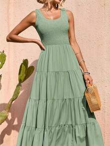 Women's Sleeveless Shirred Summer Dress With Ruffles - Mint Green - View 3