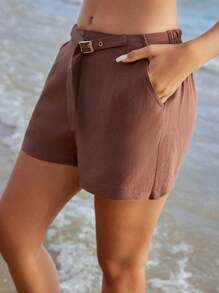 SHEIN Holidaya Short en lin ample de style vacances pour femmes, texture de plage, couleur marron, Anewsta