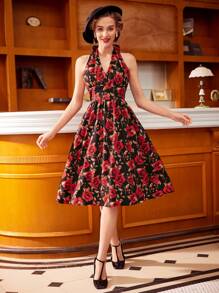 Vintamour 復古優雅鬆身玫瑰印花連衣裙，配有蝴蝶結領口和傘裙，適用於春夏復活節女裝夏季服裝 - 彩色 - 查看 1