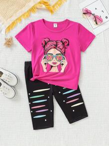 SHEIN 年輕女孩肖像印花上衣搭配彩色短褲2件套裝 - 彩色 - 查看 1