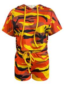 LovelyWholesale Bộ 2 áo hoodie và quần short có dây rút họa tiết rằn ri cho nữ - Màu vàng - Xem 6